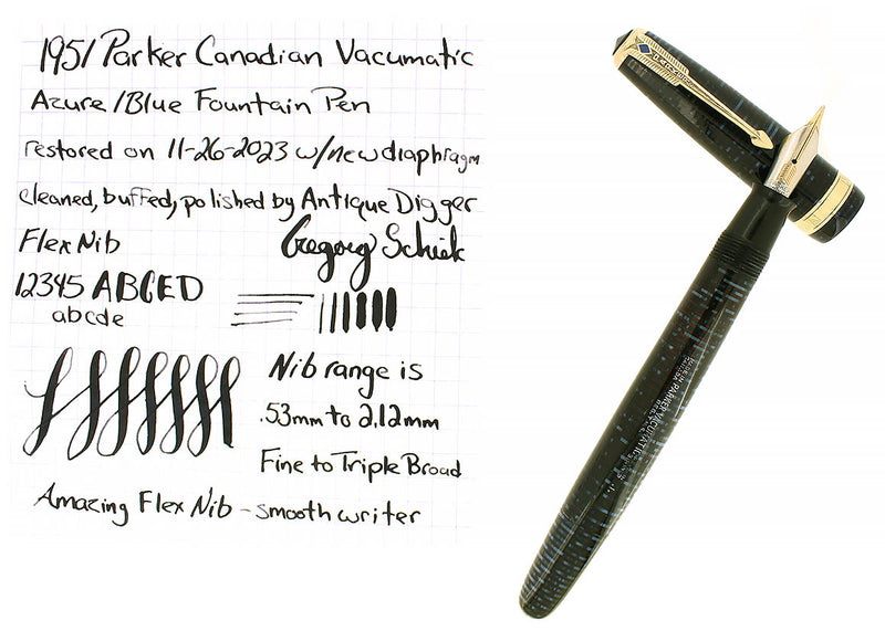 1951 PARKER AZURE PEARL VACUMATIC FOUNTAIN PEN F-BBB 2.12MM FLEX NIB RESTORED OFFERED BY ANTIQUE DIGGER