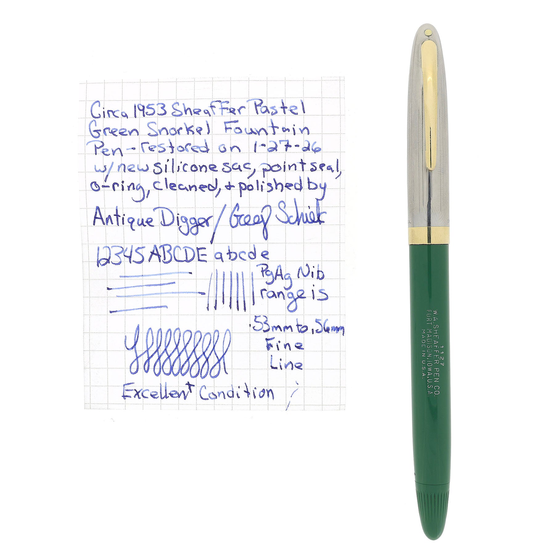 1953 SHEAFFER CLIPPER SNORKEL PASTEL GREEN FINE PgAg NIB FOUNTAIN PEN