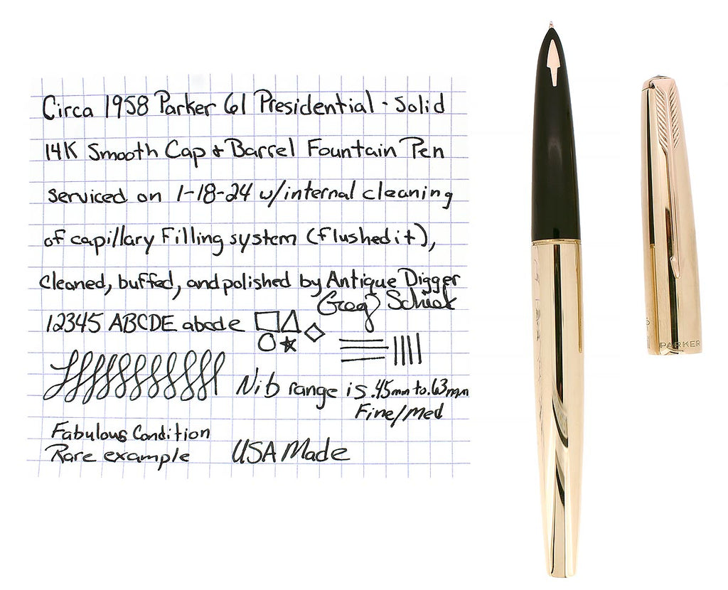CIRCA 1958 PARKER 61 PRESIDENTIAL 14K SOLID GOLD SMOOTH OVERLAY FOUNTA circa-1958-parker-61-presidential-14k-solid-gold-smooth-overlay-founta