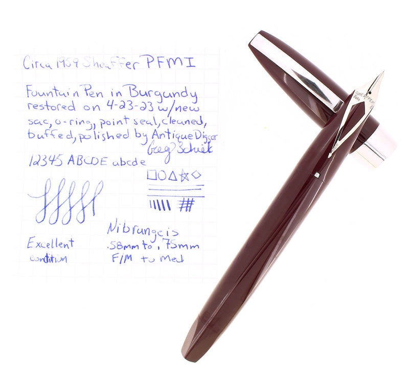 C1959 SHEAFFER PFM I FOUNTAIN PEN IN BURGUNDY W/MEDIUM NIB RESTORED OFFERED BY ANTIQUE DIGGER