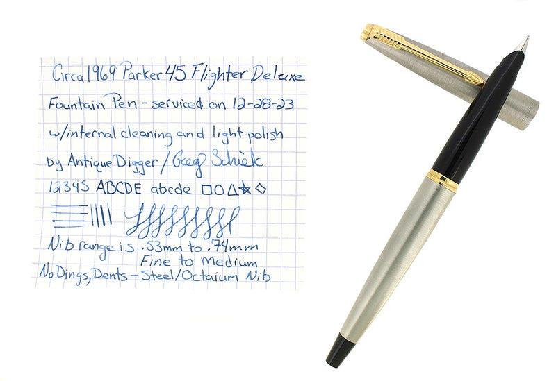 CIRCA 1969 PARKER 45 FLIGHTER DELUXE STAINLESS STEEL FOUNTAIN PEN OFFERED BY ANTIQUE DIGGER