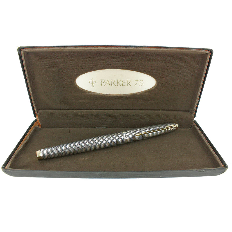 C1970 PARKER 75 STERLING SILVER CROSSHATCH GRID PATTERN EXTRA FINE NIB FOUNTAIN PEN NEAR MINT OFFERED BY ANTIQUE DIGGER