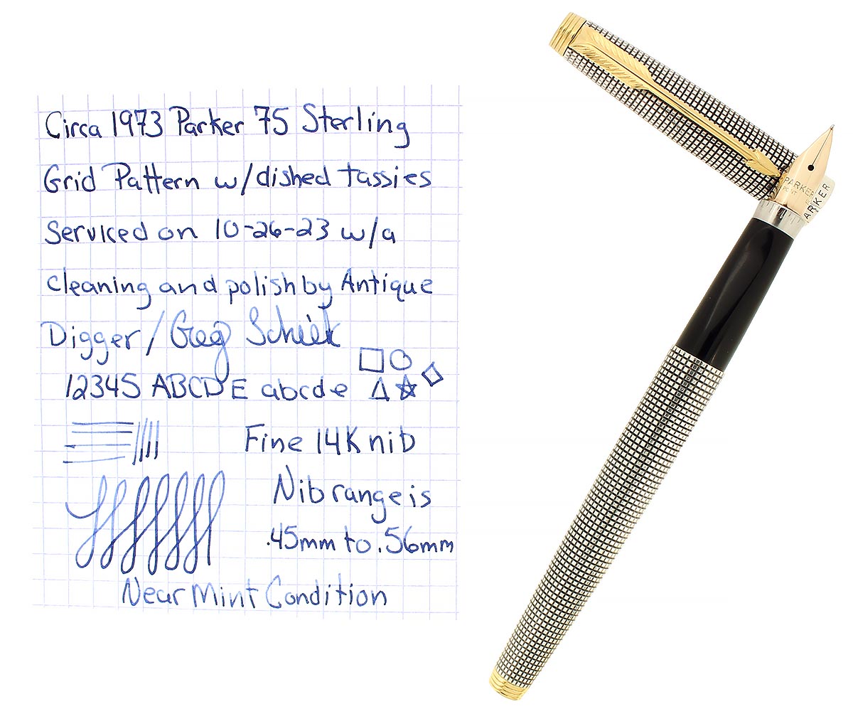 C1973 PARKER 75 STERLING SILVER CROSSHATCH GRID PATTERN FINE NIB FOUNT