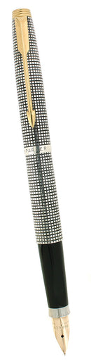 C1973 PARKER 75 STERLING SILVER CROSSHATCH GRID PATTERN FINE NIB FOUNTAIN PEN NEAR MINT OFFERED BY ANTIQUE DIGGER