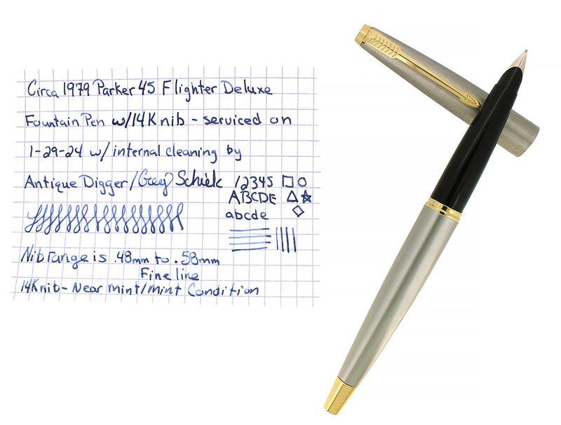 CIRCA 1979 PARKER 45 FLIGHTER DELUXE STAINLESS STEEL FOUNTAIN PEN OFFERED BY ANTIQUE DIGGER