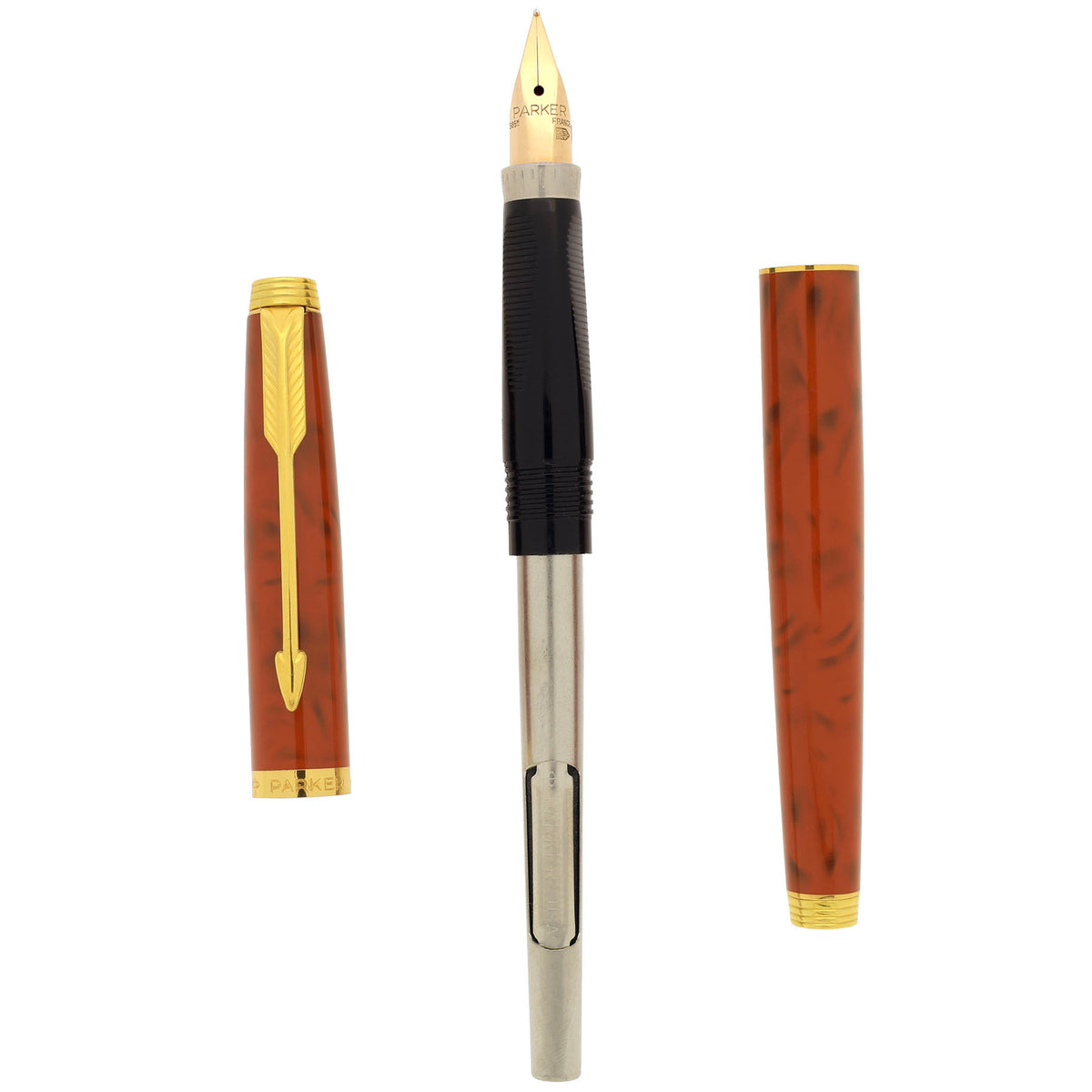 1983 PARKER 75 JASPER RED QUARTZ LACQUER 14K FINE NIB FOUNTAIN PEN NEV