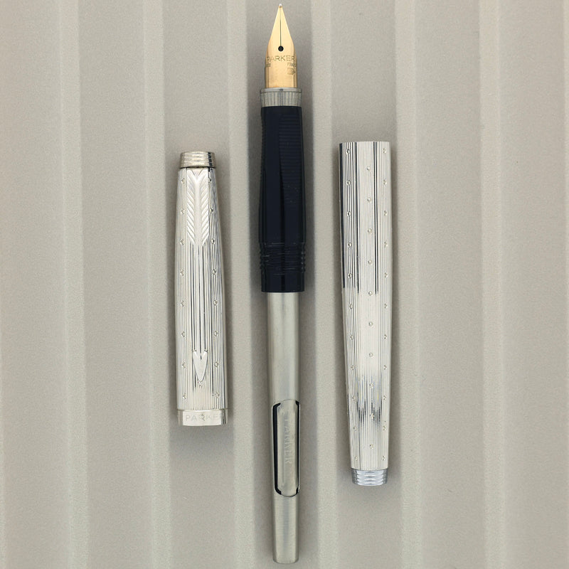 SCARCE 1983 PARKER 75 SILVER PLATED PERLE 14K FINE NIB FOUNTAIN PEN NE