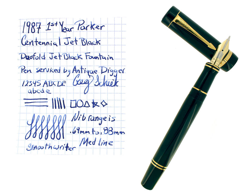 1987 PARKER 1ST YEAR DUOFOLD CENTENNIAL JET BLACK 18K MED NIB FOUNTAIN PEN OFFERED BY ANTIQUE DIGGER