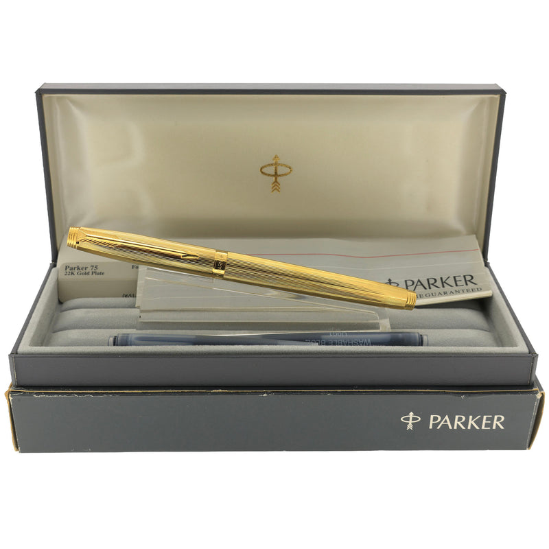 1989 PARKER 75 MILLERAIES 22K GOLD PLATE 18K FINE NIB FOUNTAIN PEN NEW