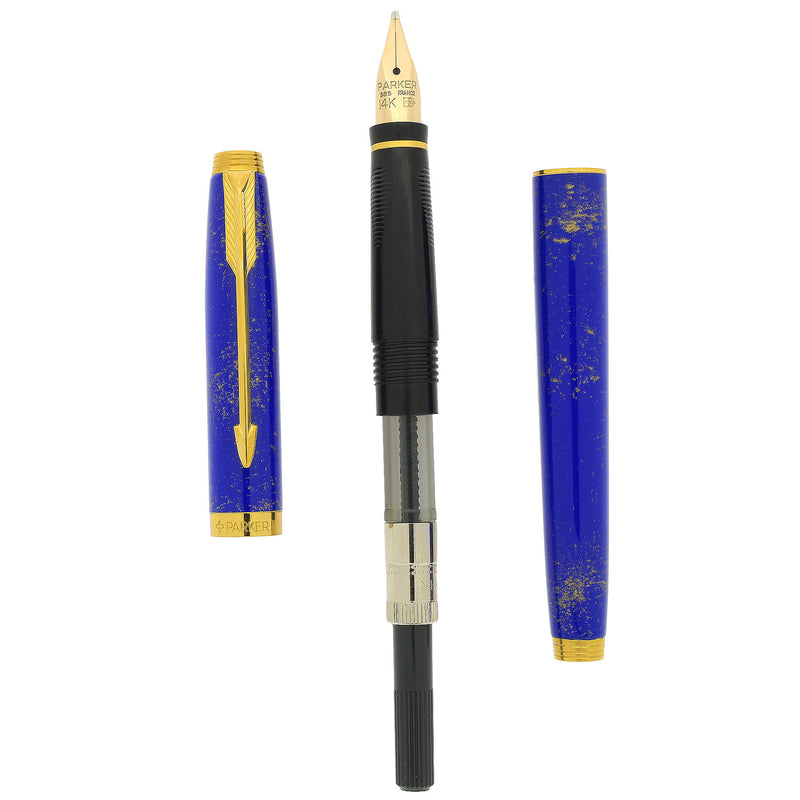 1989 PARKER 75 GOLD SPECKLED LAPIS LAZULI FOUNTAIN PEN 14K BROAD NIB N