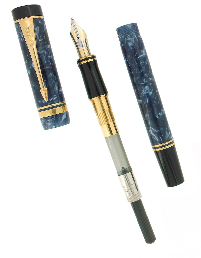 1991 PARKER DUOFOLD INTERNATIONAL BLUE MARBLE FOUNTAIN PEN 18K MEDIUM NIB