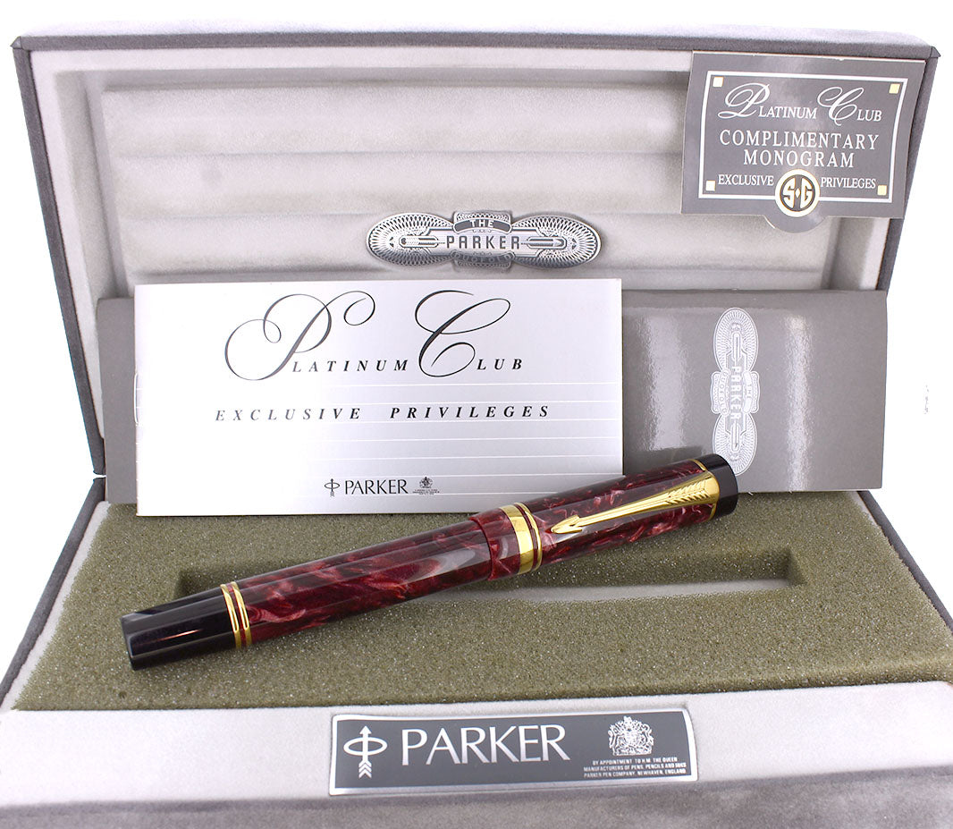 1990 PARKER DUOFOLD CENTENNIAL RED MARBLED 18K EXTRA BROAD OBLIQUE RIG