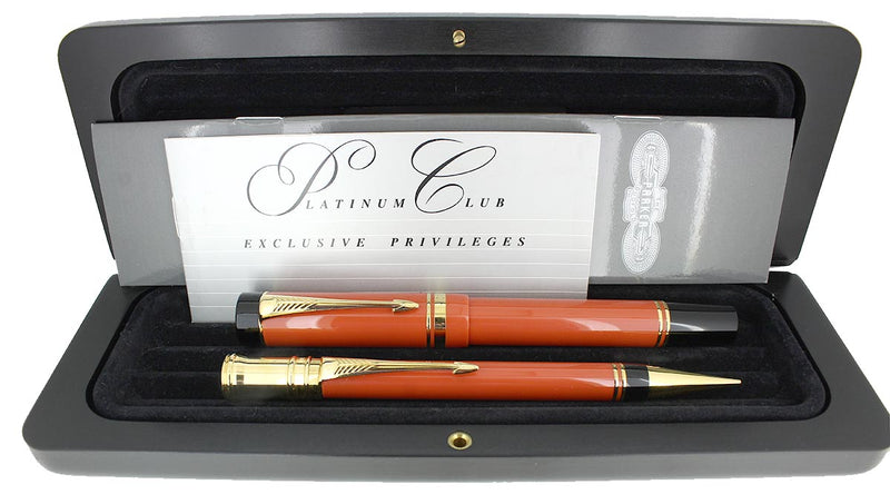 1990 PARKER DUOFOLD CENTENNIAL SPECIAL EDITION ORANGE FOUNTAIN PEN & PENCIL SET NEVER INKED OFFERED BY ANTIQUE DIGGER