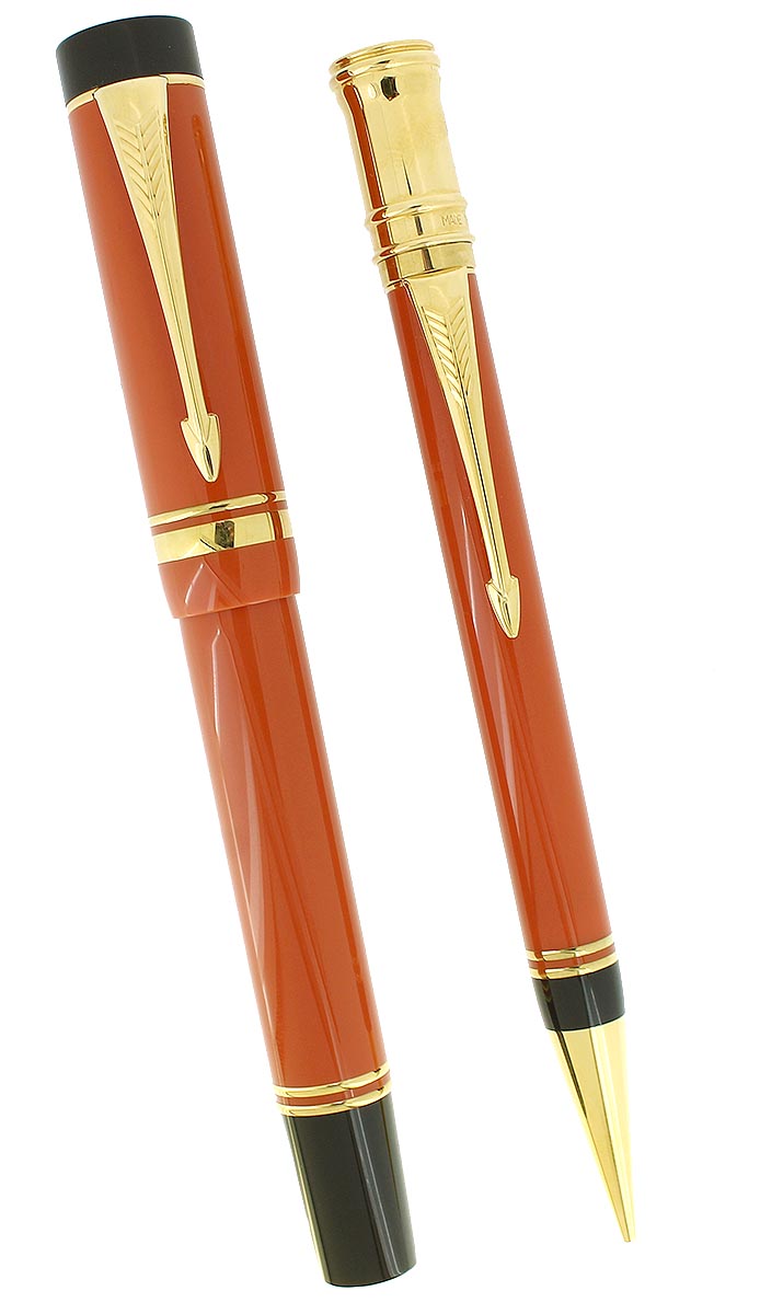 1990 PARKER DUOFOLD CENTENNIAL SPECIAL EDITION ORANGE FOUNTAIN PEN & PENCIL  SET NEVER INKED
