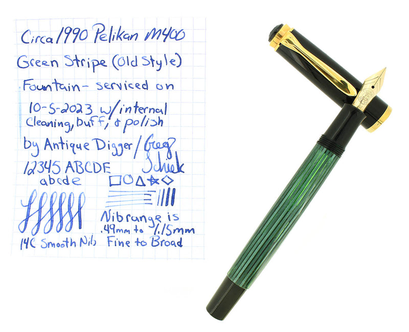 CIRCA 1990 PELIKAN M400 OLD STYLE GREEN STRIPED 14K MED NIB FOUNTAIN PEN OFFERED BY ANTIQUE DIGGER