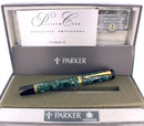 1991 PARKER DUOFOLD CENTENNIAL GREEN MARBLED 18K BROAD OBLIQUE ITALIC NIB FOUNTAIN PEN OFFERED BY ANTIQUE DIGGER
