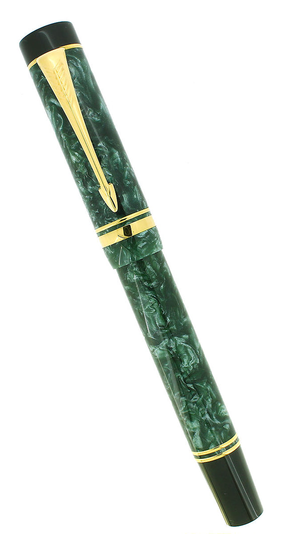 1991 PARKER DUOFOLD CENTENNIAL GREEN MARBLED 18K BROAD OBLIQUE ITALIC