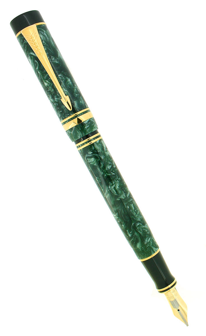 1991 PARKER DUOFOLD CENTENNIAL GREEN MARBLED 18K BROAD OBLIQUE ITALIC