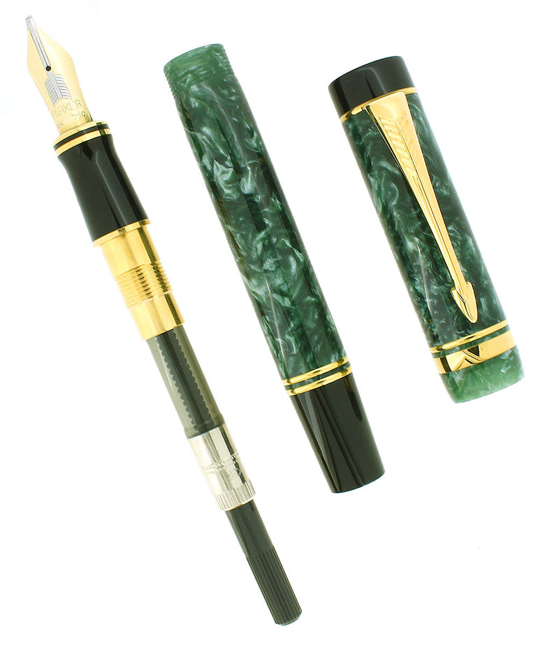 1991 PARKER DUOFOLD CENTENNIAL GREEN MARBLED 18K BROAD OBLIQUE ITALIC NIB FOUNTAIN PEN OFFERED BY ANTIQUE DIGGER