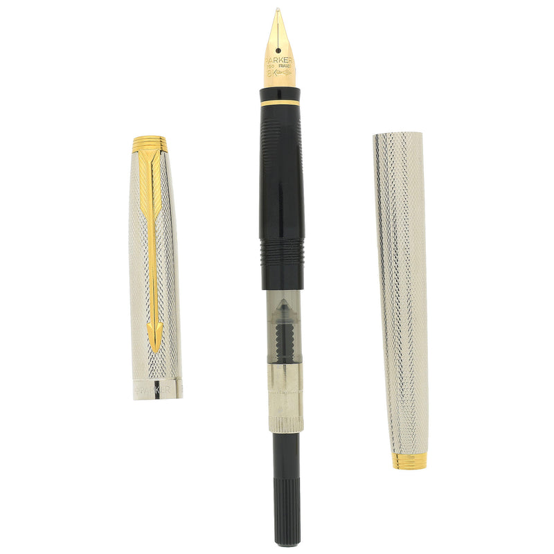 PARKER 75 万年筆 シルバー ゴールド ケース付き 1992 PARKER 75 GRAIN d'ORGE SILVER PLATE W/RHODIUM FINISH 18K MED NIB