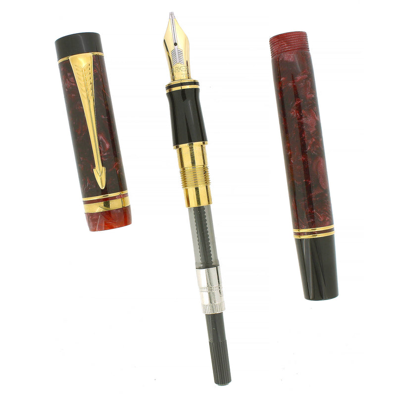 1992 PARKER DUOFOLD CENTENNIAL RED MARBLED 18K STUB NIB FOUNTAIN PEN OFFERED BY ANTIQUE DIGGER