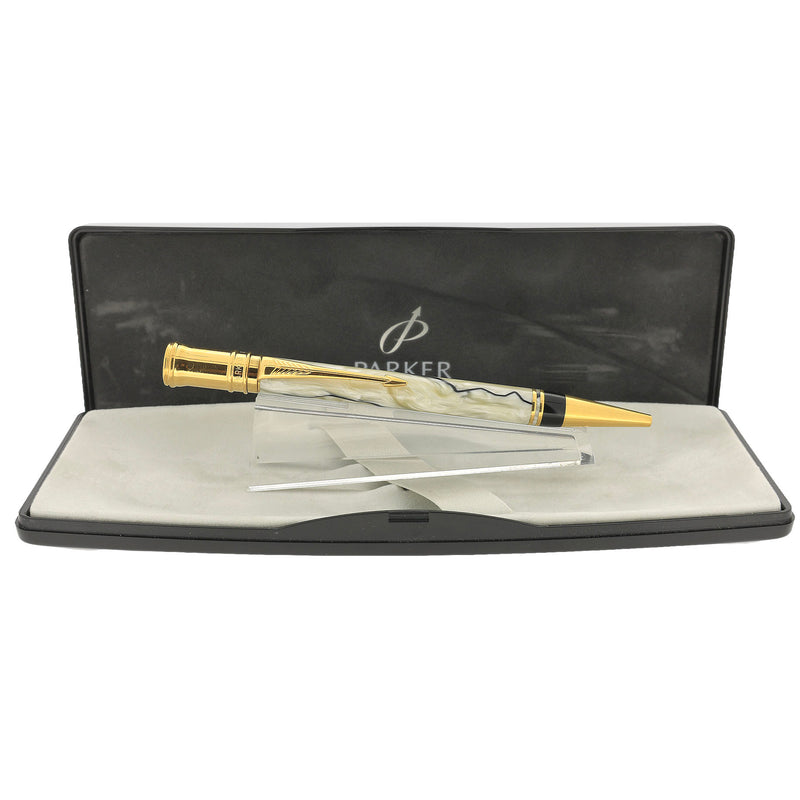 1992 PARKER DUOFOLD BLACK AND PEARL BALLPOINT PEN