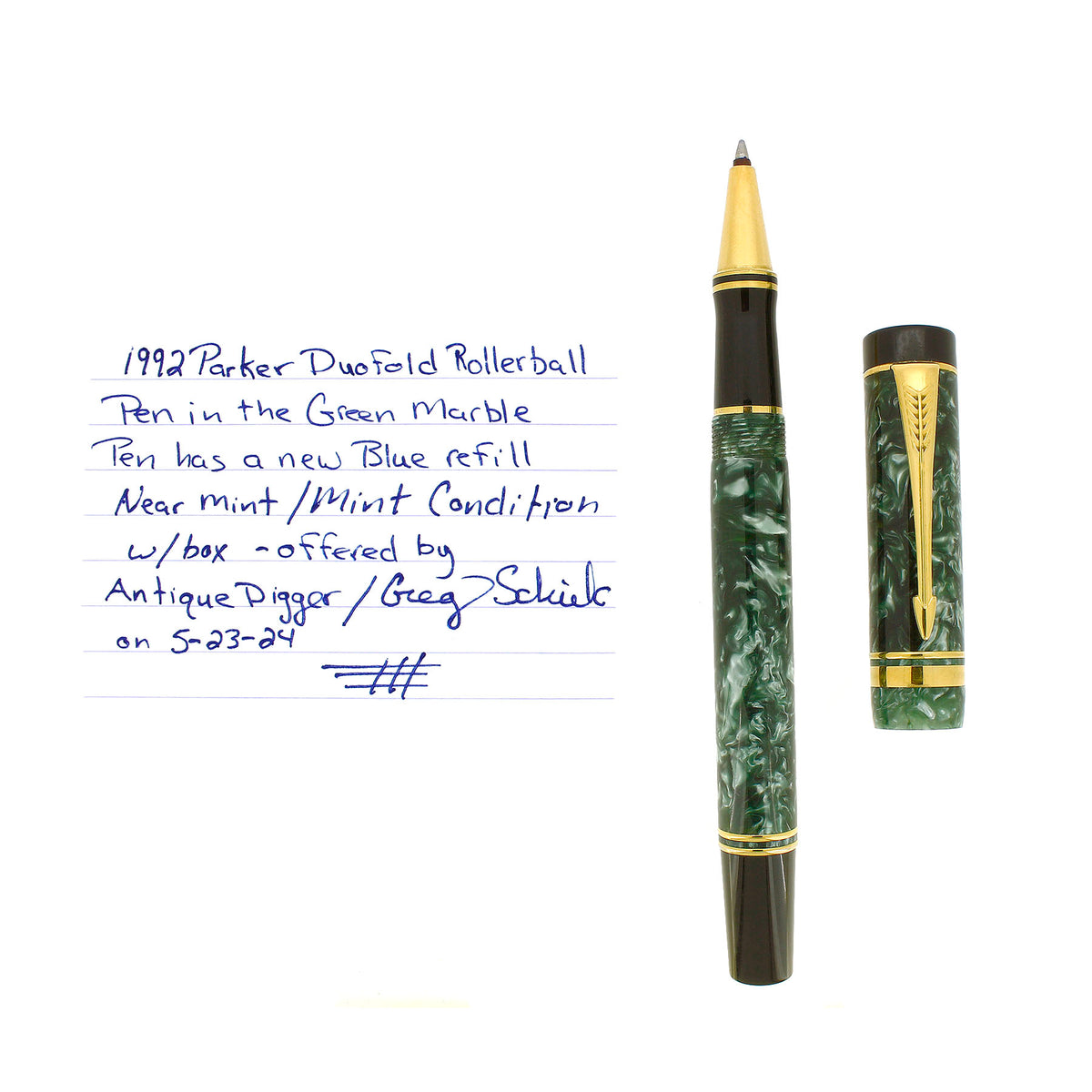 1992 PARKER DUOFOLD GREEN MARBLE ROLLERBALL PEN IN BOX MADE IN UK