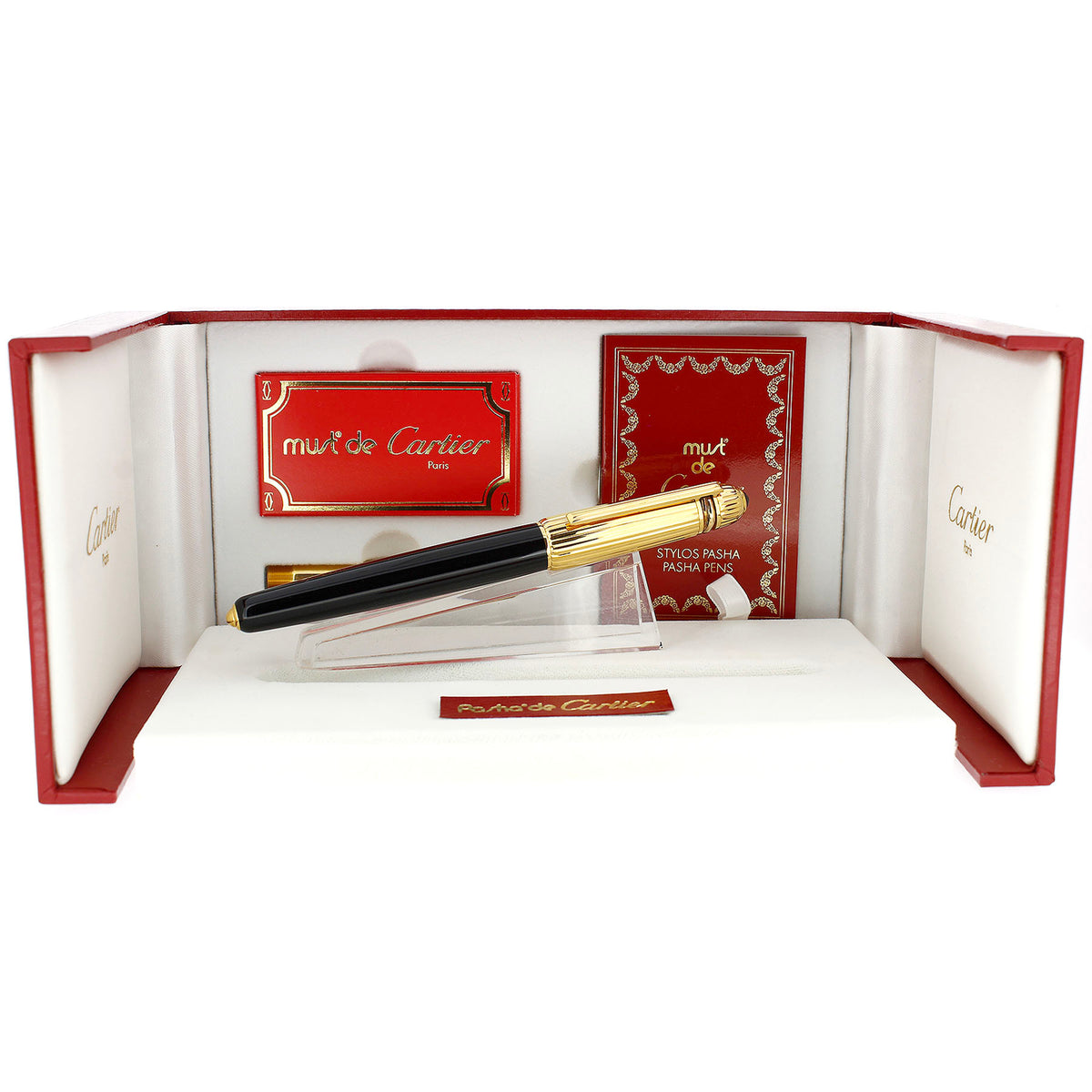 MINT 1992 PASHA DE CARTIER BLACK LACQUER & 18K GOLD PLATE CAP FOUNTAIN