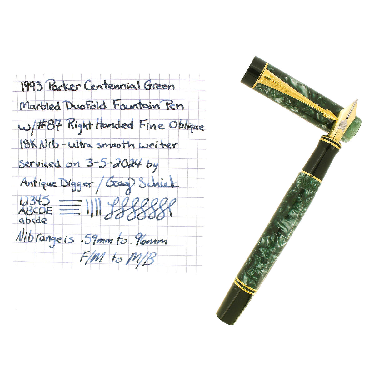 1993 PARKER DUOFOLD CENTENNIAL GREEN MARBLED 18K RIGHTHAND FINE OBLIQU