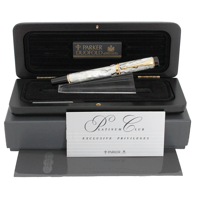 2005 PARKER DUOFOLD INTERNATIONAL BLACK & PEARL 18K BROAD NIB FOUNTAIN PEN OFFERED BY ANTIQUE DIGGER