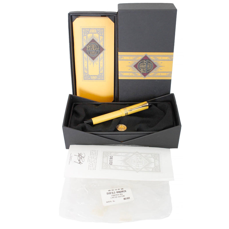 1995 PARKER DUOFOLD MANDARIN YELLOW LIMITED EDITION FOUNTAIN PEN NEVER INKED OFFERED BY ANTIQUE DIGGER