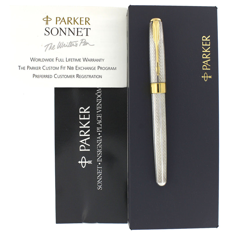 1995 PARKER SONNET STERLING SILVER FOUGERE PATTERN 18K M NIB FOUNTAIN PEN MEDIUM NIB NEVER INKED OFFERED BY ANTIQUE DIGGER