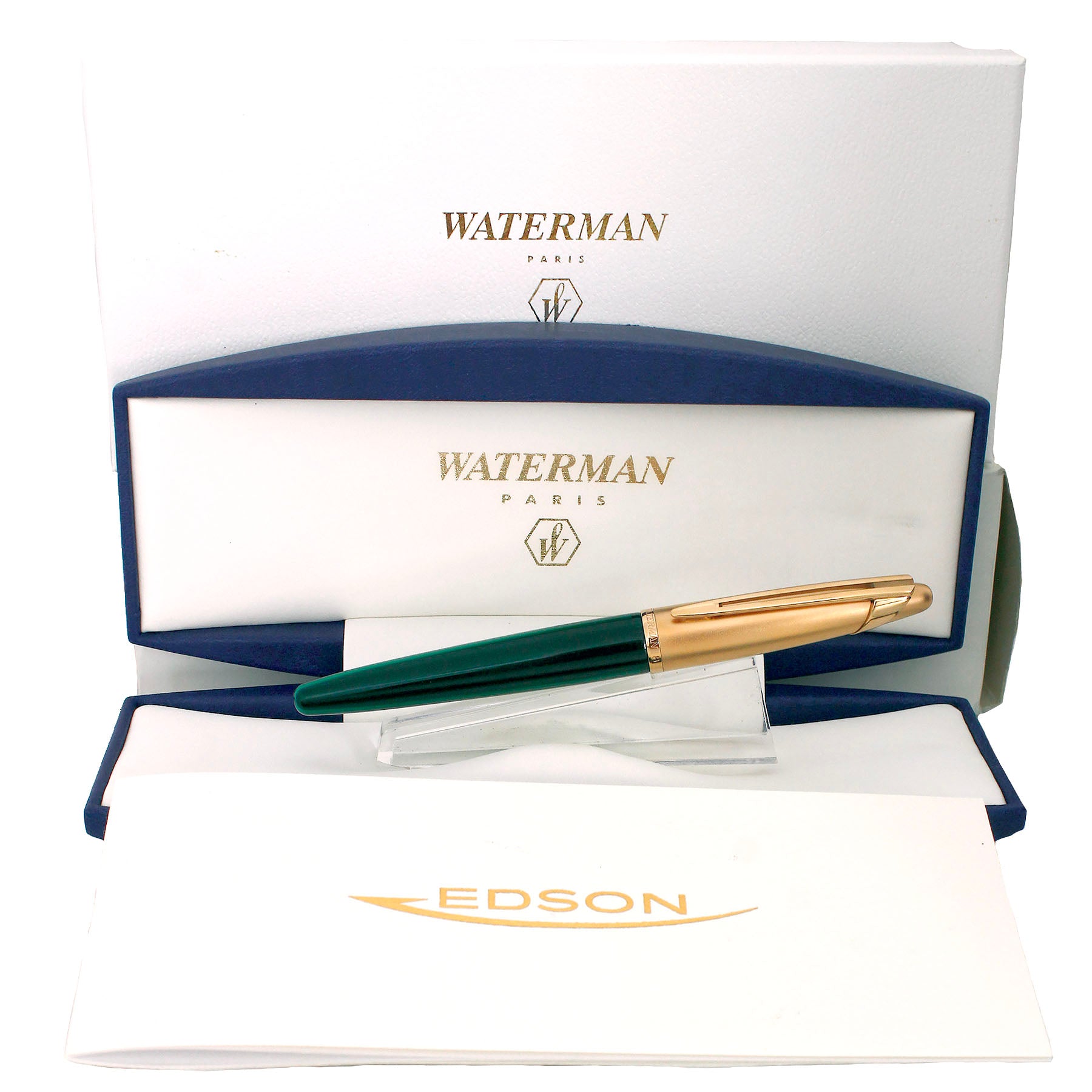 C1995 WATERMAN EMERALD GREEN EDSON 18K MED NIB FOUNTAIN PEN NEVER INKE