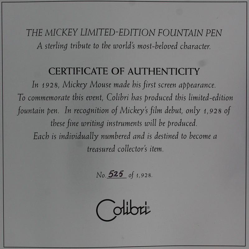 1996 COLIBRI MICKEY MOUSE LIMITED EDITION STERLING SILVER FOUNTAIN PEN NEVER INKED