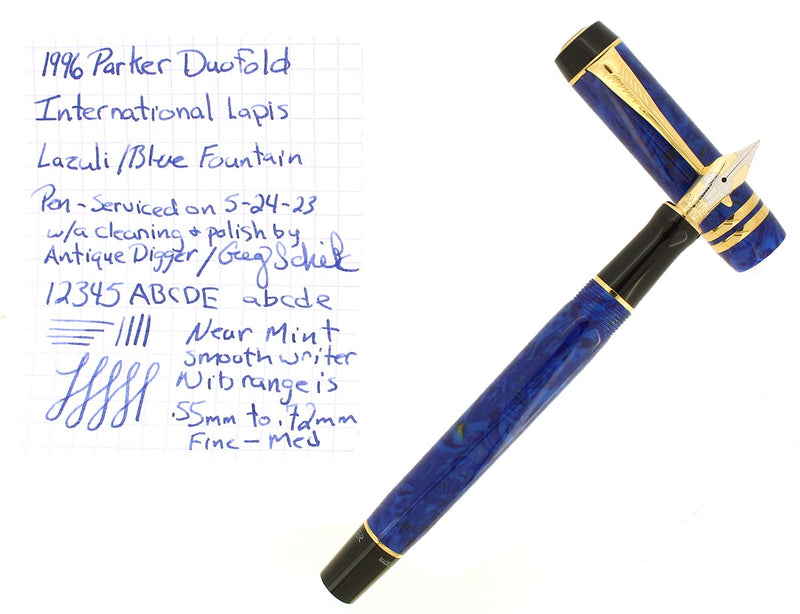 1996 PARKER DUOFOLD INTERNATIONAL LAPIS LAZULI BLUE FOUNTAIN PEN 18K FINE NIB MINT OFFERED BY ANTIQUE DIGGER