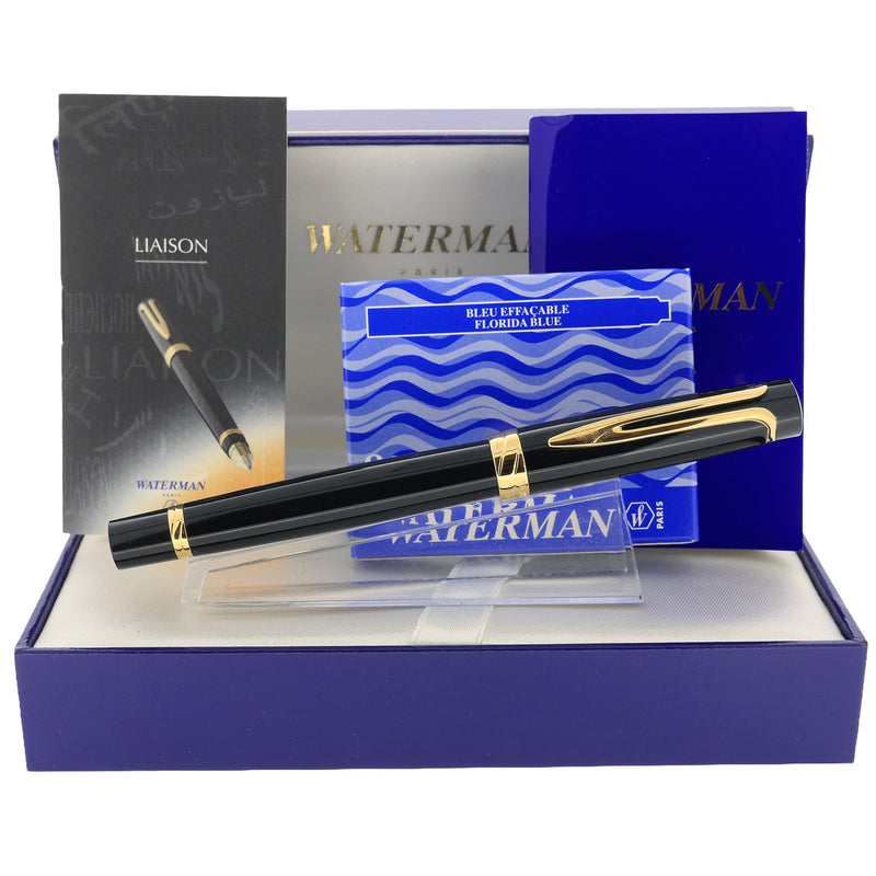 1996 WATERMAN LIAISON BLACK & GOLD TRIM 18K MEDIUM NIB FOUNTAIN PEN NE