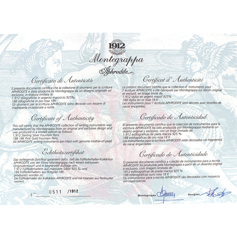 1997 MONTEGRAPPA APHRODITE STERLING SILVER LIMITED EDITION 511/1912 FOUNTAIN PEN BOXED MINT OFFERED BY ANTIQUE DIGGER