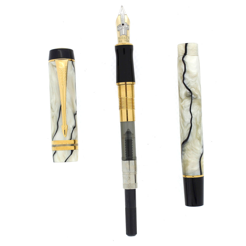 1997 PARKER INTERNATIONAL BLACK & PEARL DUOFOLD 18K MED NIB FOUNTAIN PEN NEVER INKED OFFERED BY ANTIQUE DIGGER