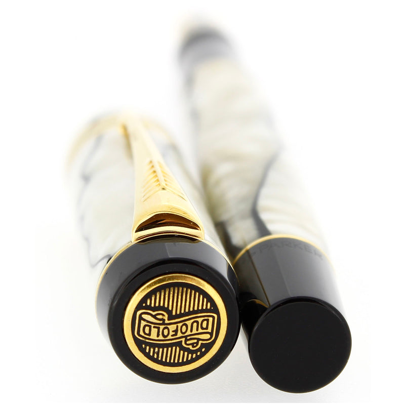 1997 PARKER INTERNATIONAL BLACK & PEARL DUOFOLD 18K MED NIB FOUNTAIN PEN NEVER INKED OFFERED BY ANTIQUE DIGGER