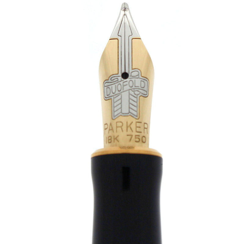 1997 PARKER INTERNATIONAL BLACK & PEARL DUOFOLD 18K MED NIB FOUNTAIN PEN NEVER INKED OFFERED BY ANTIQUE DIGGER