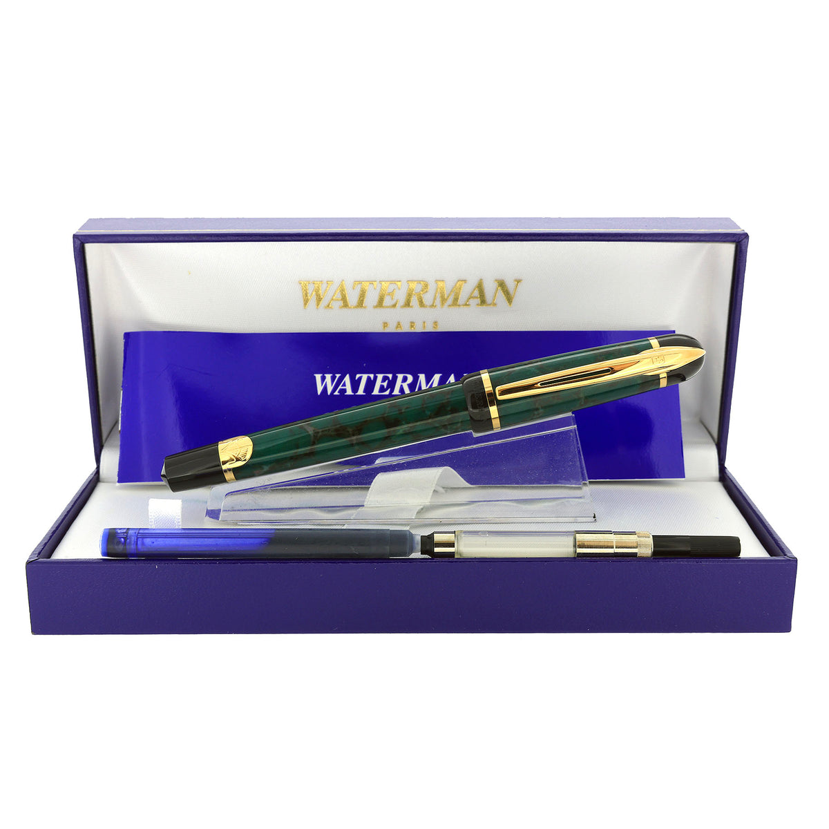 1997 WATERMAN PHILEAS GREEN MARBLE GOLD TRIM FOUNTAIN PEN NEW IN BOX N