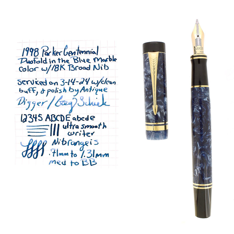 1998 PARKER DUOFOLD CENTENNIAL BLUE MARBLED 18K BROAD NIB FOUNTAIN PEN OFFERED BY ANTIQUE DIGGER