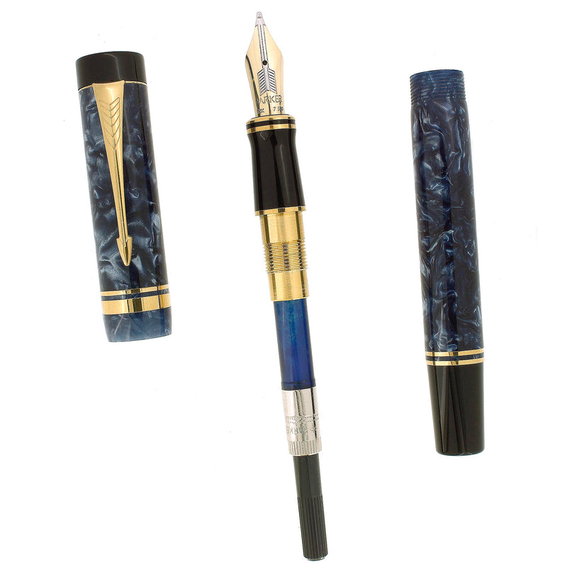 1998 PARKER DUOFOLD CENTENNIAL BLUE MARBLED 18K BROAD NIB FOUNTAIN PEN OFFERED BY ANTIQUE DIGGER