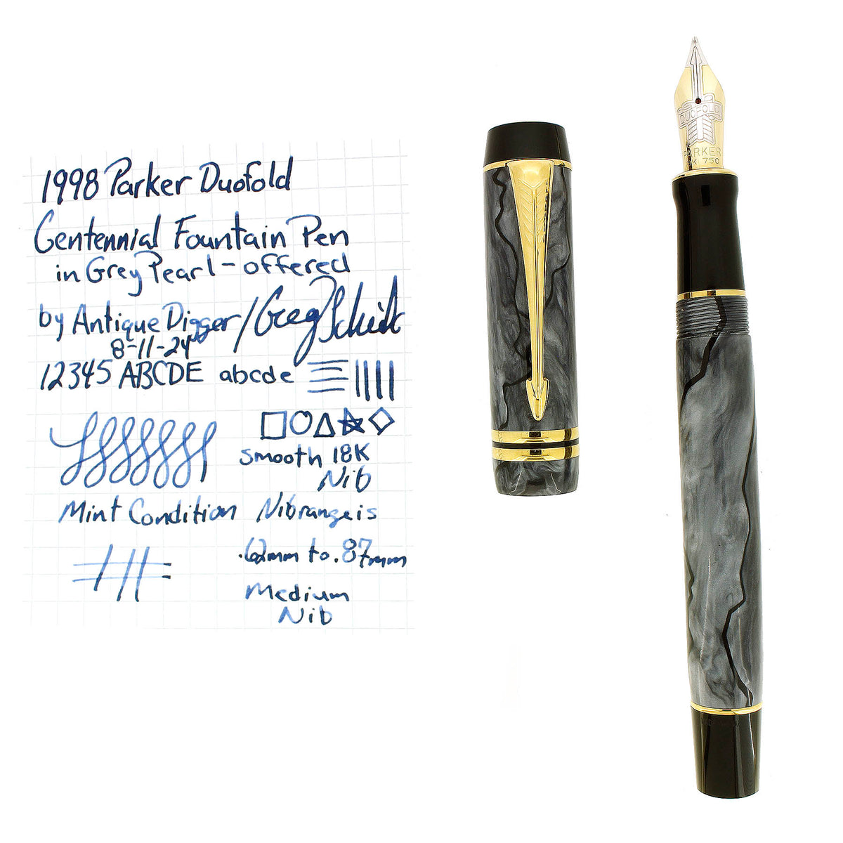 1998 PARKER DUOFOLD CENTENNIAL GREY PEARL 18K M NIB FOUNTAIN PEN MINT