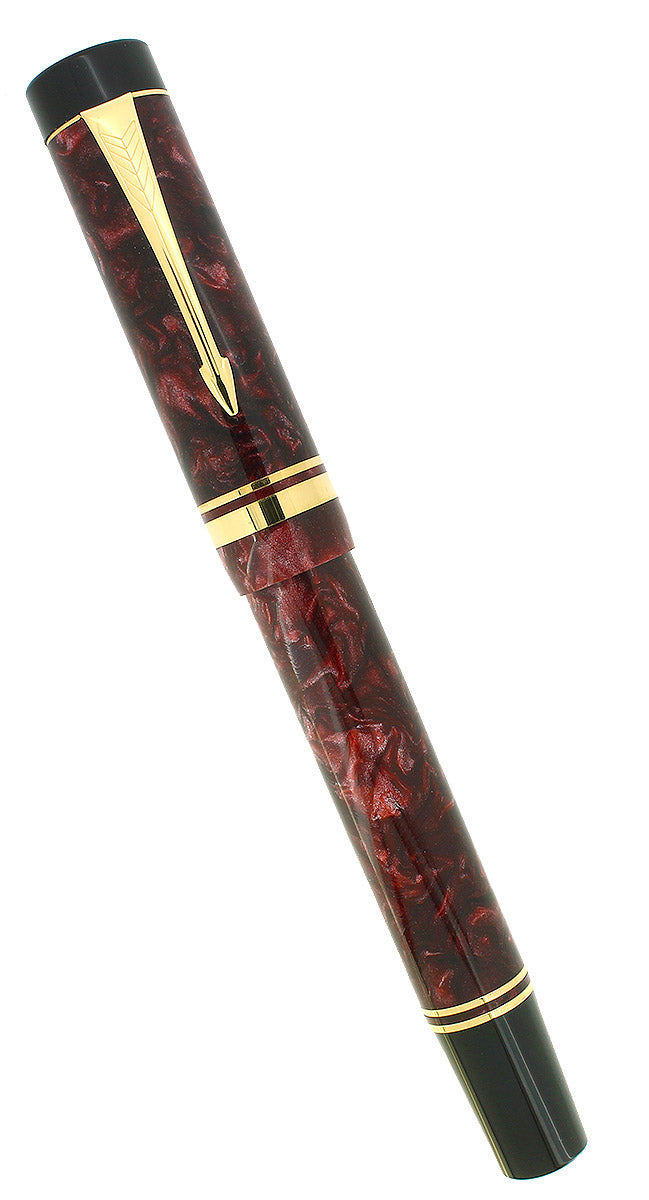1990 PARKER DUOFOLD CENTENNIAL RED MARBLED 18K EXTRA BROAD OBLIQUE RIGHT HAND NIB FOUNTAIN PEN OFFERED BY ANTIQUE DIGGER