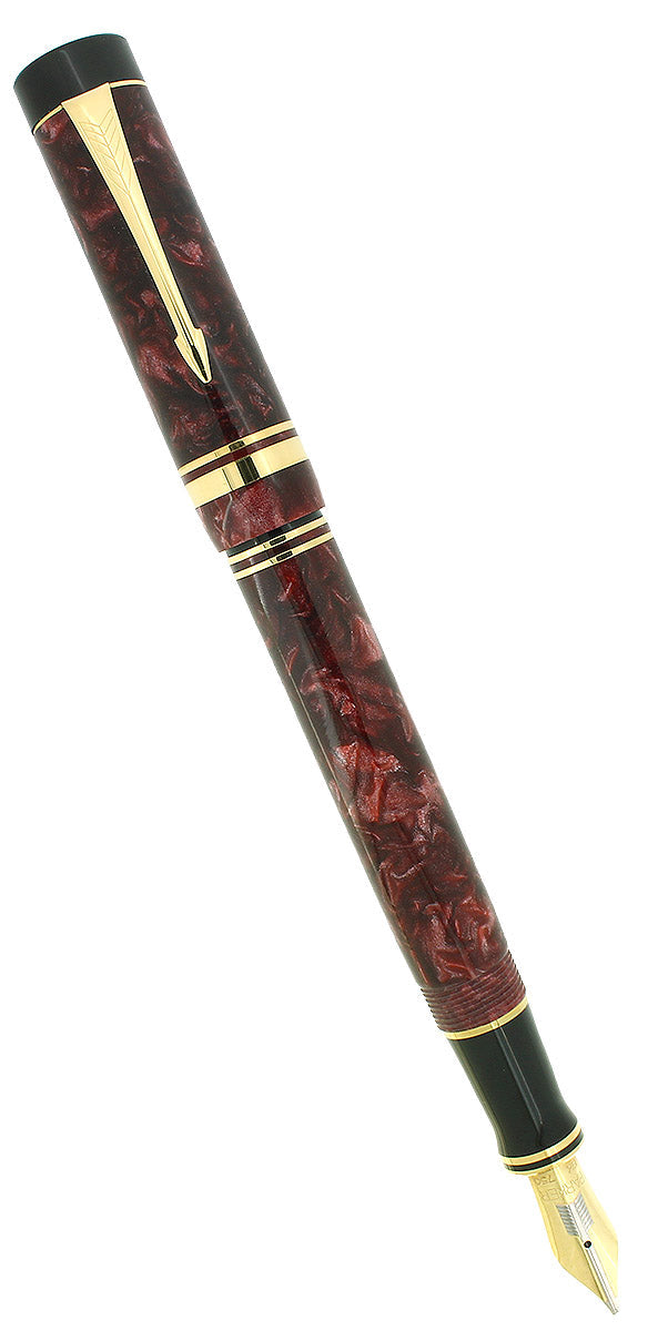 1990 PARKER DUOFOLD CENTENNIAL RED MARBLED 18K EXTRA BROAD OBLIQUE RIGHT HAND NIB FOUNTAIN PEN OFFERED BY ANTIQUE DIGGER