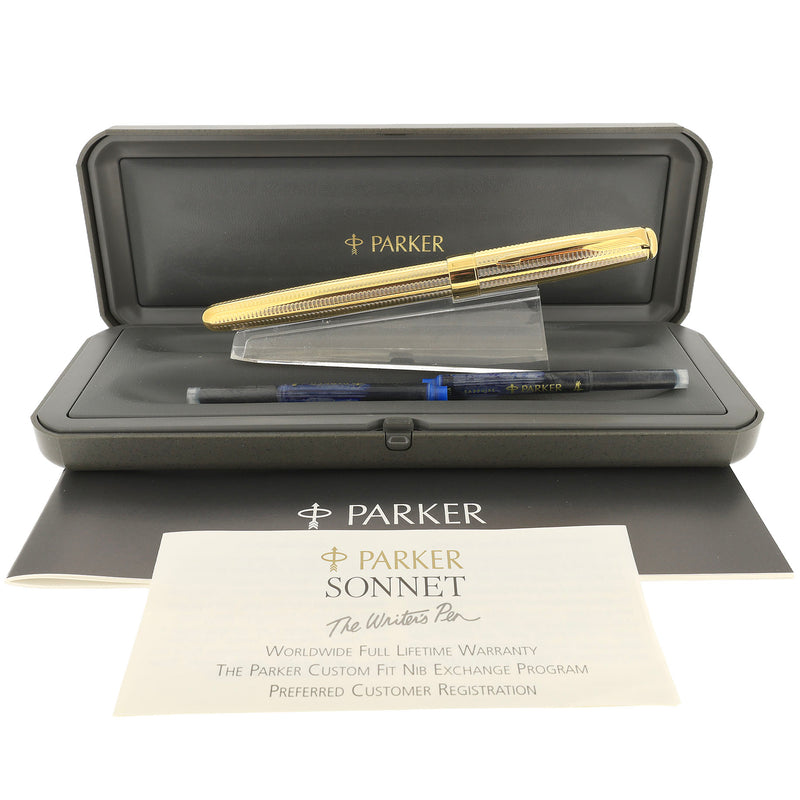 1998 PARKER SONNET CASCADE GOLD PATTERN 18K BROAD NIB FOUNTAIN PEN NEW