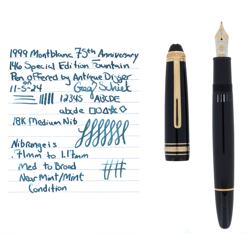 1999 MONTBLANC 75TH ANNIVERSARY 146 SPECIAL EDITION 18K MED NIB FOUNTAIN PEN OFFERED BY ANTIQUE DIGGER