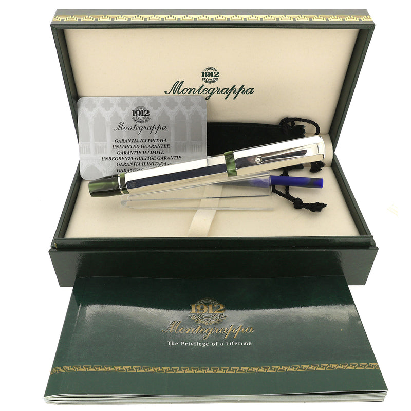 新品未使用 Montegrappa Eleganza 万年筆 EF 1999 MONTEGRAPPA ELEGANZA STERLING & GREEN PEARL LARGE FOUNTAIN PEN NE
