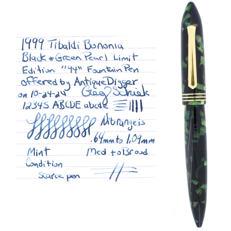 1990S TIBALDI BONONIA BLACK GREEN & GOLD CELLULOID FOUNTAIN PEN MINT OFFERED BY ANTIQUE DIGGER